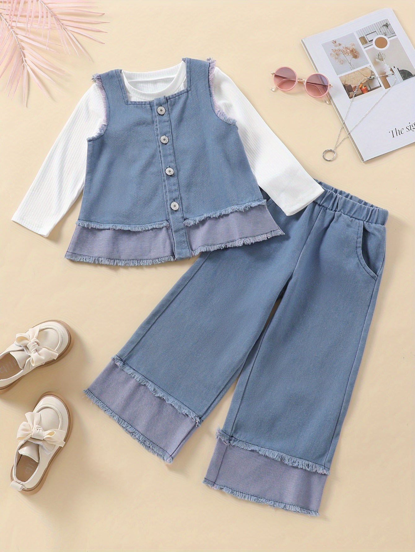 Girls' Autumn and Winter New Product Set - Solid Color Faux Denim Jacket with Faux Fur Trim, Straight-Leg Pants, and Loose Fit Vest, Perfect for Fall/Winter Streetwear, Winter Streetwear|Loose Fit Vest|Faux Fur Trim Jacket, f