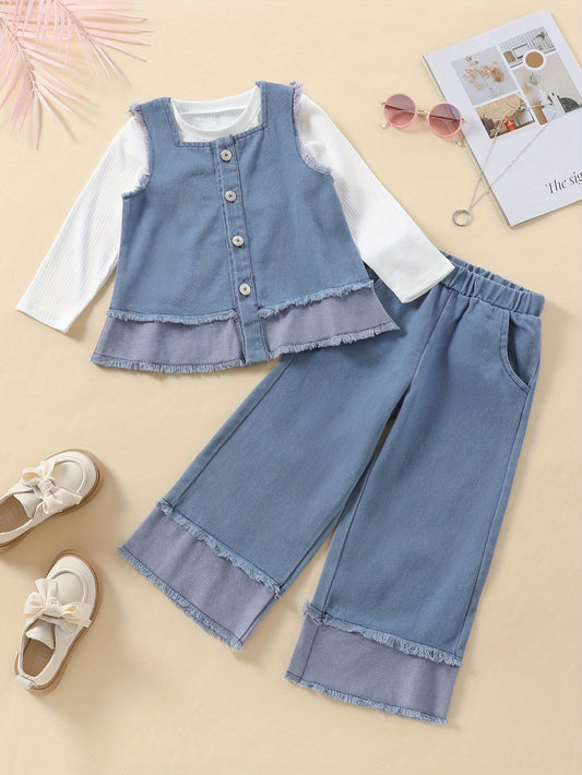 Girls' Autumn and Winter New Product Set - Solid Color Faux Denim Jacket with Faux Fur Trim, Straight-Leg Pants, and Loose Fit Vest, Perfect for Fall/Winter Streetwear, Winter Streetwear|Loose Fit Vest|Faux Fur Trim Jacket, f