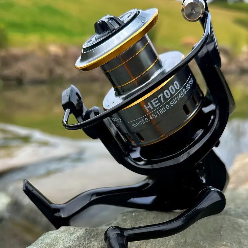 ROOBLINOS HE7000 Saltwater Fishing Reel - 5.2:1 Gear Ratio, 18LB Maximum Drag, Metal Line Cup, Black And Golden Design, Ideal for Both Left And Right-Handed Anglers, Saltwater Fishing Gear, Stylish Fishing Reel, Sturdy Fishin