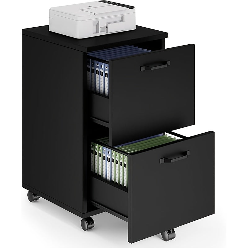 2 Drawer Filing Cabinet White, Rolling Wood File Cabinets with Printer Stand Under Desk Storage Lockable Wheels, Home Office Organizer for A4 Letter Legal Size Documents, Black/White