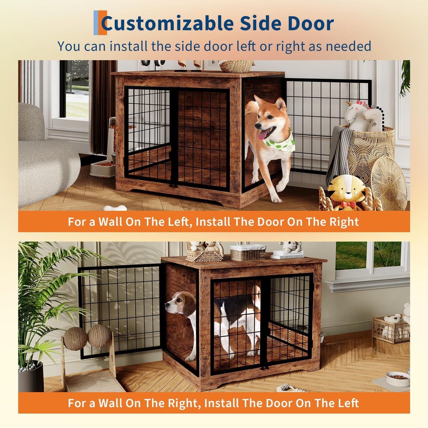 38-Inch Indoor Wooden Dog Crate Furniture | Double Doors for Easy Access, 360° Adjustable Raised Bowls, and Storage Platform, Ideal for Medium to Large Dogs, Brand: GAOMON