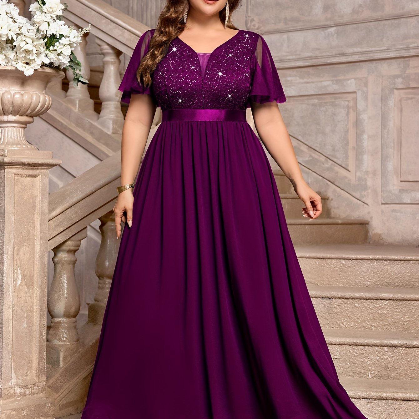Plus Size - P54385A Elegant Plus Size Sequin Lace Bridesmaid Dress, Sweetheart Neckline With Mesh Ruffle Sleeves, Pleated Chiffon Skirt For Formal Parties, Evenings, Weddings