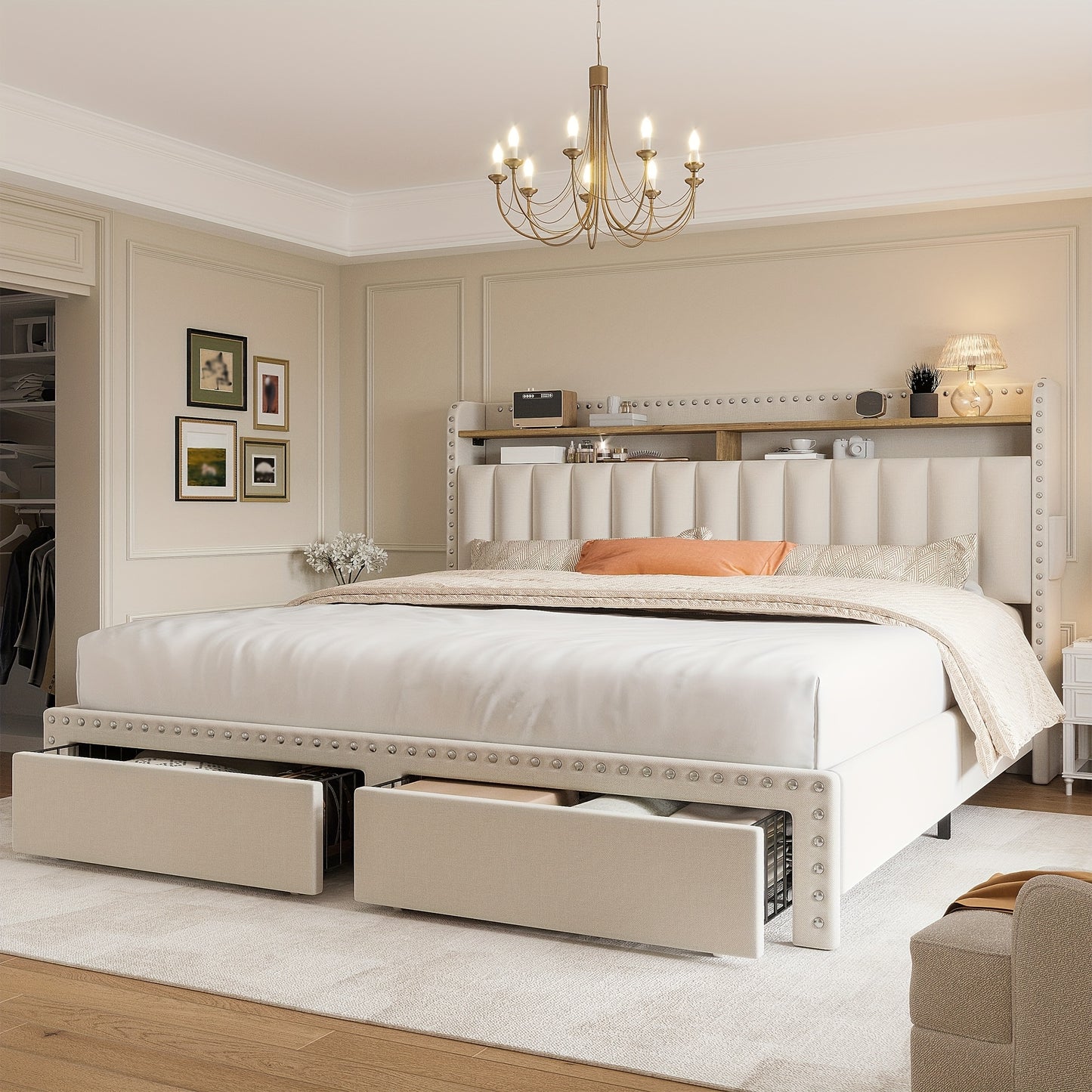 Soft Upholstered Bed Frame with 2 Storage Drawers Full/Queen/King Size Low Profile Platform Bed Base, Heavy Duty 1000lbs Steel Frame, No Box Spring Needed for Apartments/Dorms | Easy Assembly (Gray/Beige)