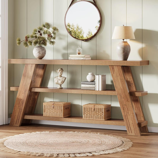 70.9" Extra Long Farmhouse Console Table with 3-Tier Storage - Narrow Sofa Table Behind Couch, Engineered Wood Entryway Hallway Table with Spacious Top & Lower Shelf, Easy Assembly, Brown for Living Room, Foyer, Behind Sofa -
