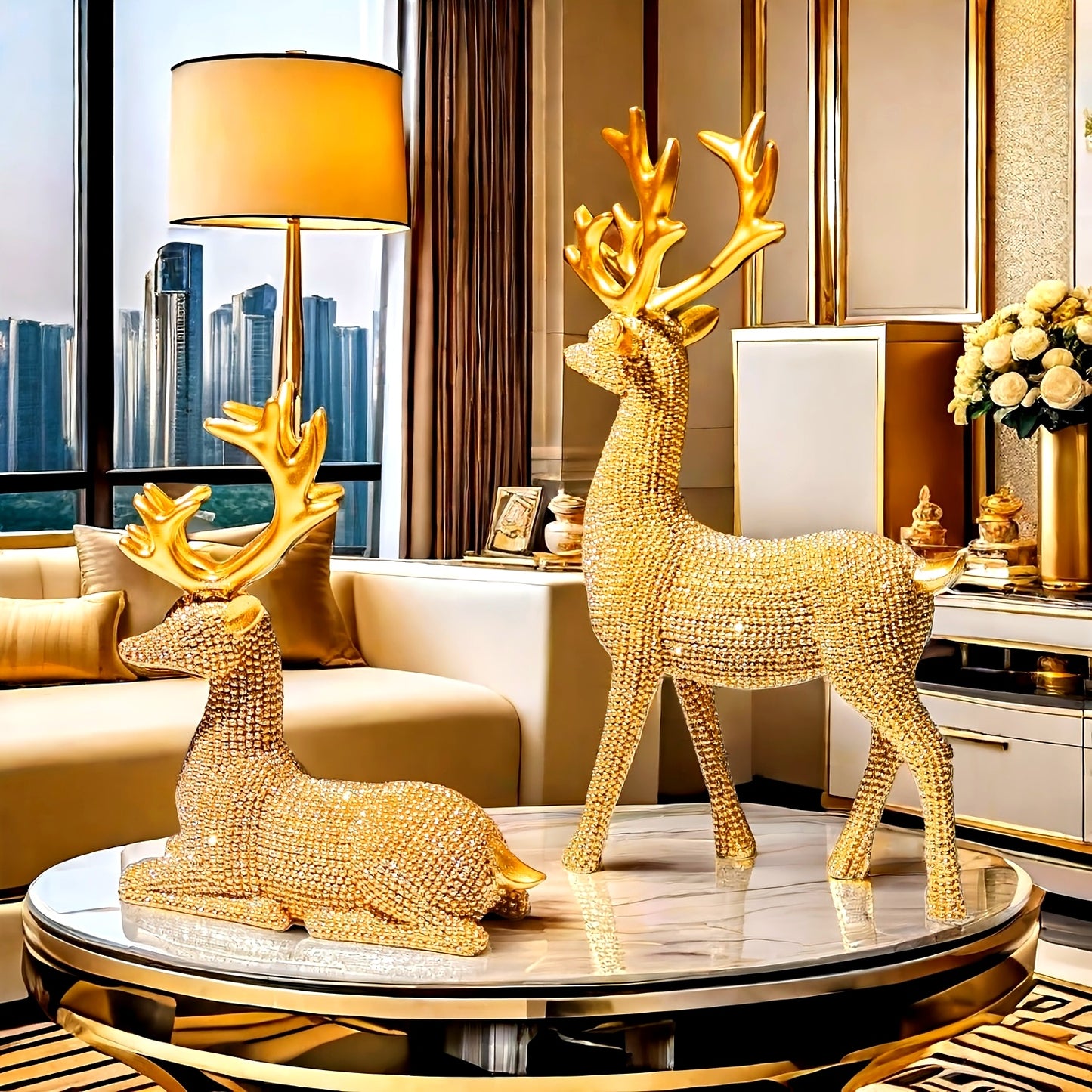 [2D Flat] Two Shiny Golden Bead Christmas Reindeer Decorations, Resin Festive Table Ornaments Suitable for Christmas, Valentine'S Day, New Year, Perfectly Suitable for Display Stands, Fireplace Tables And Gift Boxes. Christma