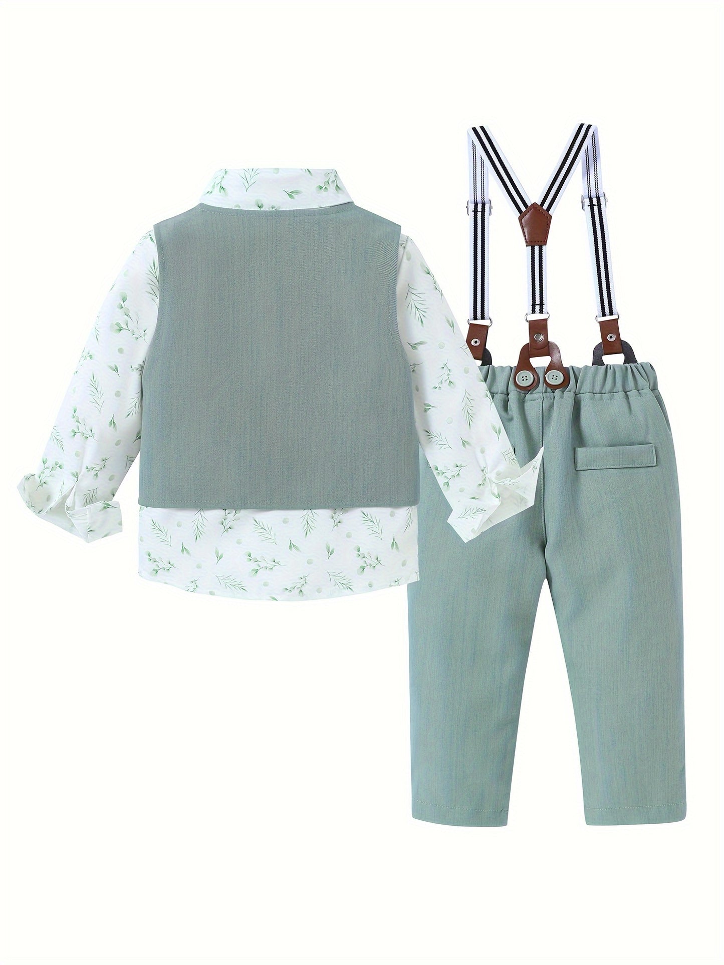 4pcs Boy Clothes Suit Gentleman Wedding Outfits Formal Dress Shirt/Bowtie/Vest/Suspender Pants 1-5T, Special Occasion Outfit, Toddler Wedding Attire, Elegant Toddler Outfit, Classic Baby Suit, Comfortable Toddler Clothes, Dur