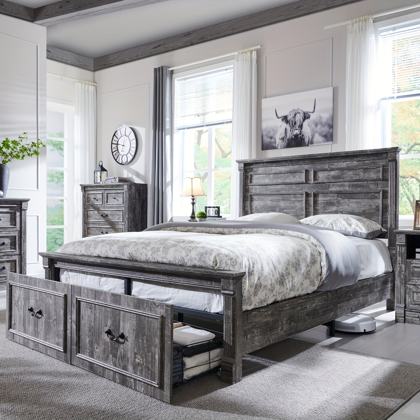 Farmhouse King/ Queen/ Full Size Bed Frame with Tall Headboard, Wood Platform Bed Frame with 20" Tall Roman Column Decoration Footboard & 3 Large Storage Drawers, No Box Spring Needed