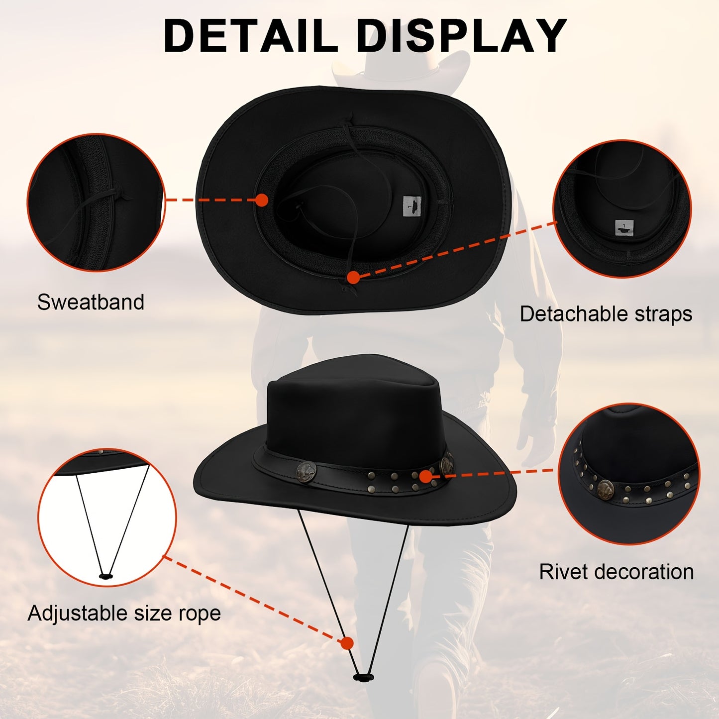 1pc SideWinder Australian Cowboy Leather Hat Unisex Adult For Men And Women Shapeable Outback Western Style Wide Brim, Lightweight Top-Grain Leather, High Quality &, Adjustable Chin Cord, Festival Accessory, Unisex Outdoor He