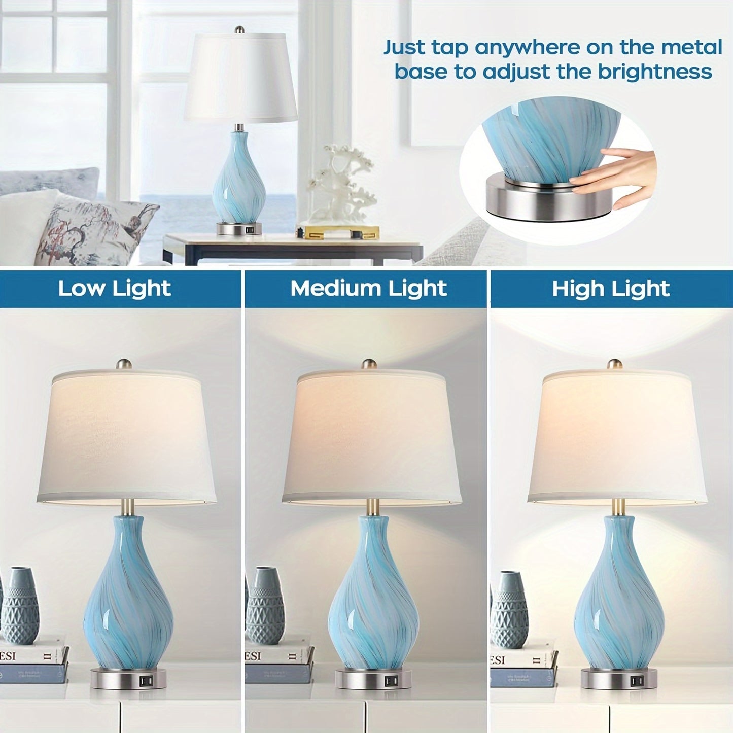 Table Lamp Set Of 2 Touch Control, 22" Faded Swirl Blue Gray Art Glass With USB Ports