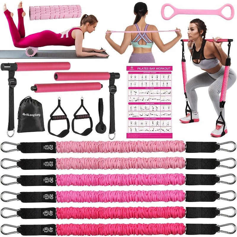 Pilates Bar Kit with Resistance Bands 20-240LBS, Upgraded Natural Latex for Women & Men, Heavy-Duty Stainless Steel Multifunctional Yoga Pilates Stick for Home Gym Exercise Fitness Equipment Full-Body Workouts-Blue