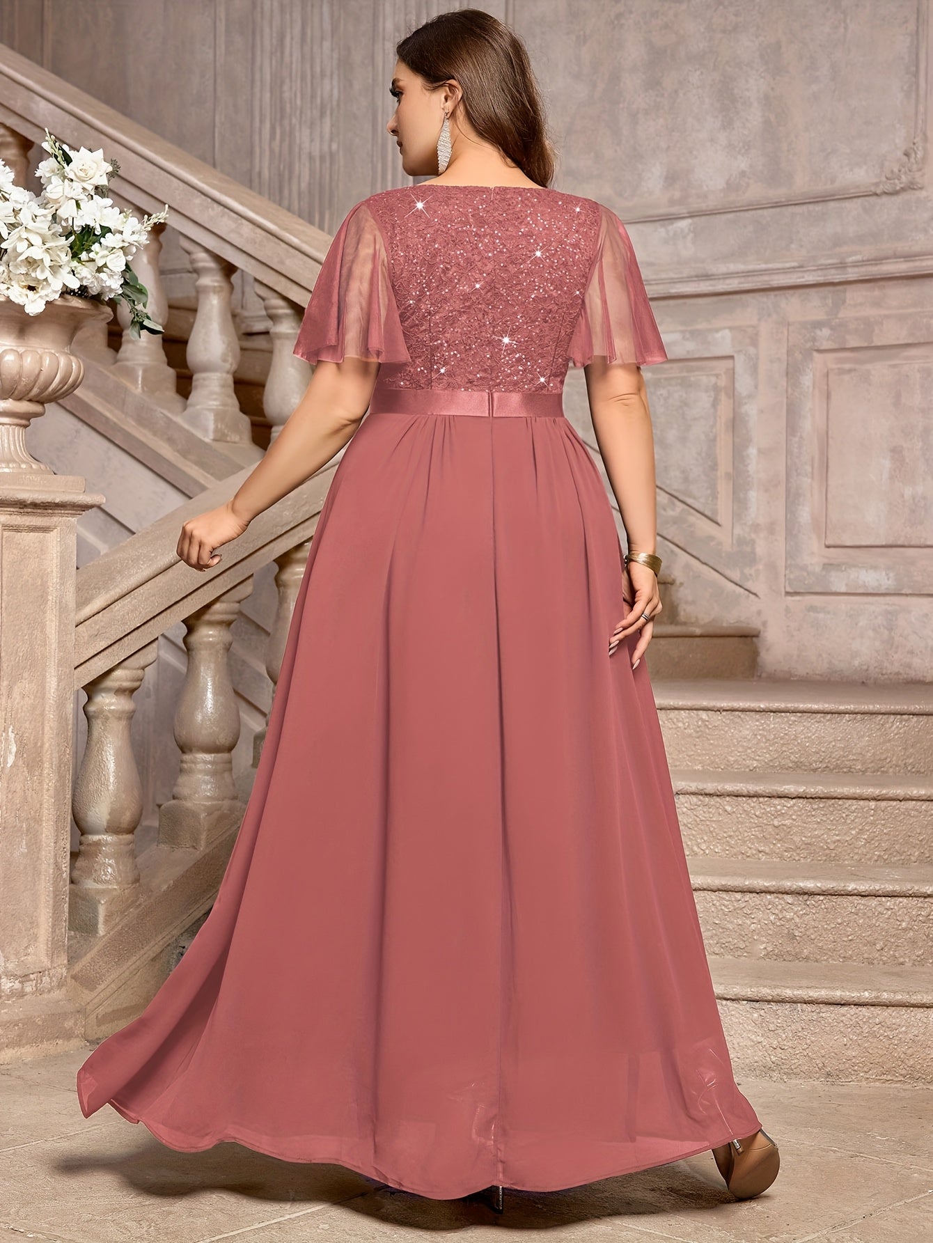 Plus Size - P54385A Elegant Plus Size Sequin Lace Bridesmaid Dress, Sweetheart Neckline With Mesh Ruffle Sleeves, Pleated Chiffon Skirt For Formal Parties, Evenings, Weddings