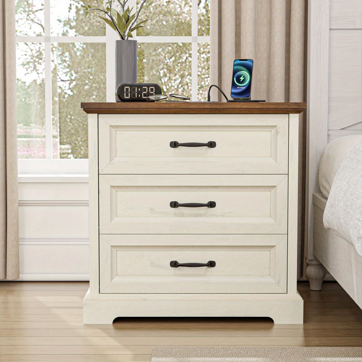 Wooden Bedside Table Featuring a Charging Station, Equipped with Three Drawers And Metal Handles, Perfect for Bedroom Storage.