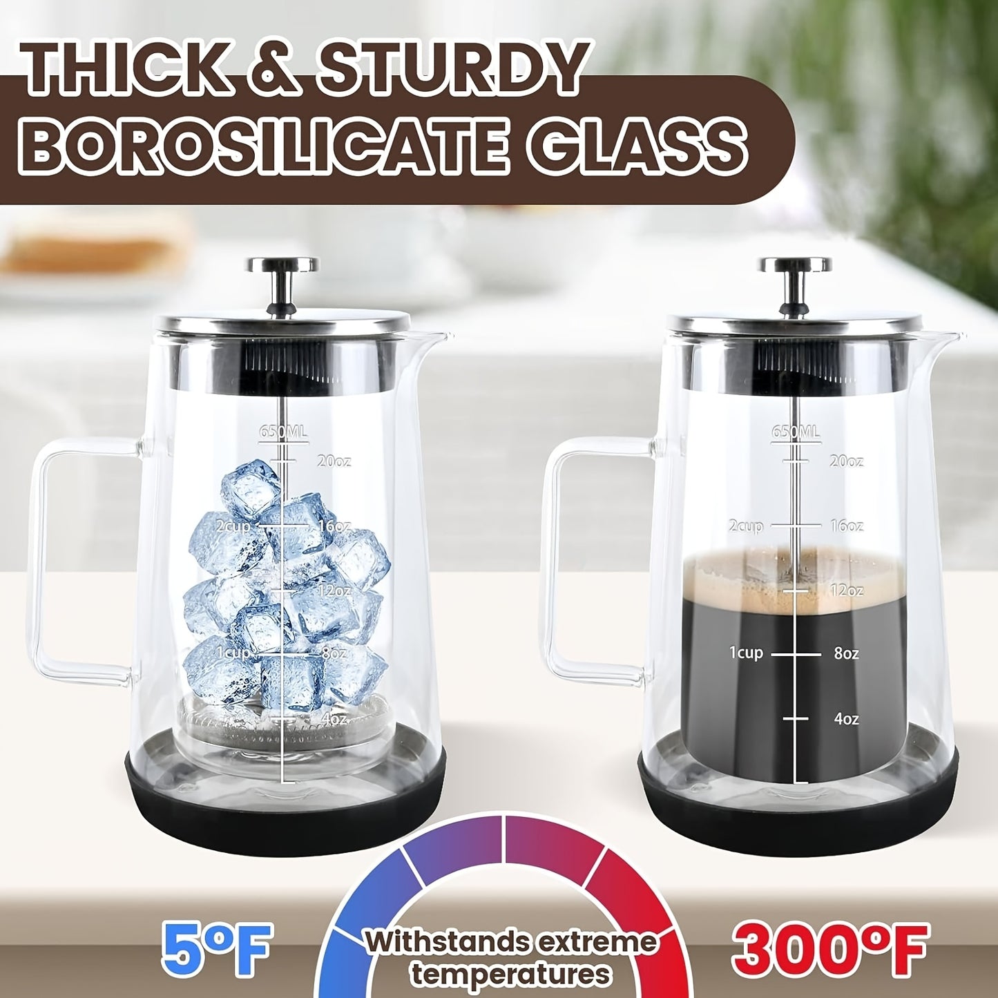 Glass Press, Easy to Clean Glass Press Coffee Maker, 22Oz/ 650Ml Coffee Press Glass, Borosilicate Press, Suitable For, Kitchen, Office., Home Brewing, Kitchen Appliance, Modern Coffee Maker, Stylish Press, Highquality Materia