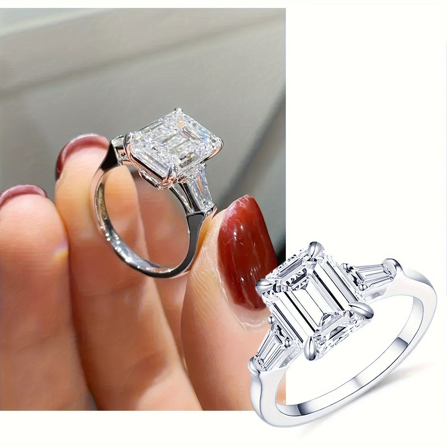 Moissanite S925 Premier League Silvery Ring, 8*10mm 4 Quart Square Diamond Ring, Luxurious Elegant and Beautiful Jewelry, Proposal Ring with Gift Box, as a Gift for Your Mother, for Her, Birthday, perfect for Wedding and Anni