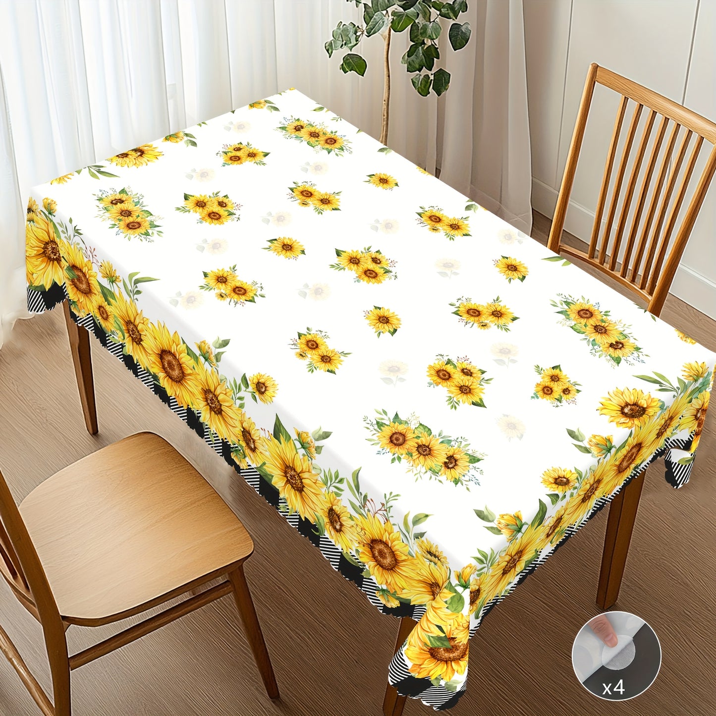 1pc Tablecloth+4pcs Anti Slip Stickers, Floral Themed Printed Tablecloth, Farmhouse Style, Blooming Sunflowers Design, Wedding Season, Anniversary, Mother's Day, Camping Picnics, Party Decor, Kitchen Accessories, Room&Outdoor