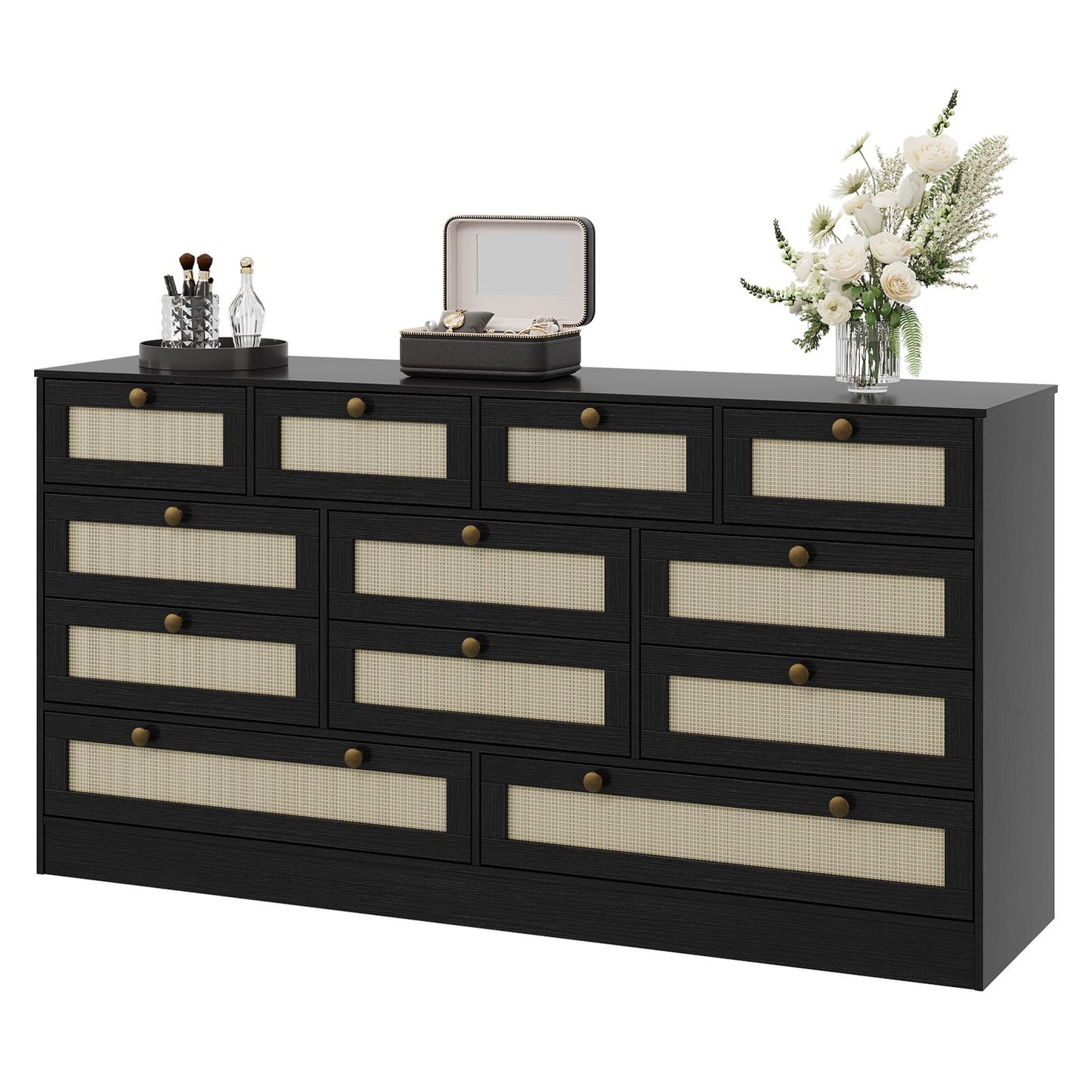 12-Drawer Chest of Drawers with Woven Rattan Design | 61.02x15.75x31.5 inch, Stylish and Spacious Hardwood Storage Cabinet for Home Room Decor, Christmas Decorations, Birthday Gifts for Women Men Friends, Contemporary Style b