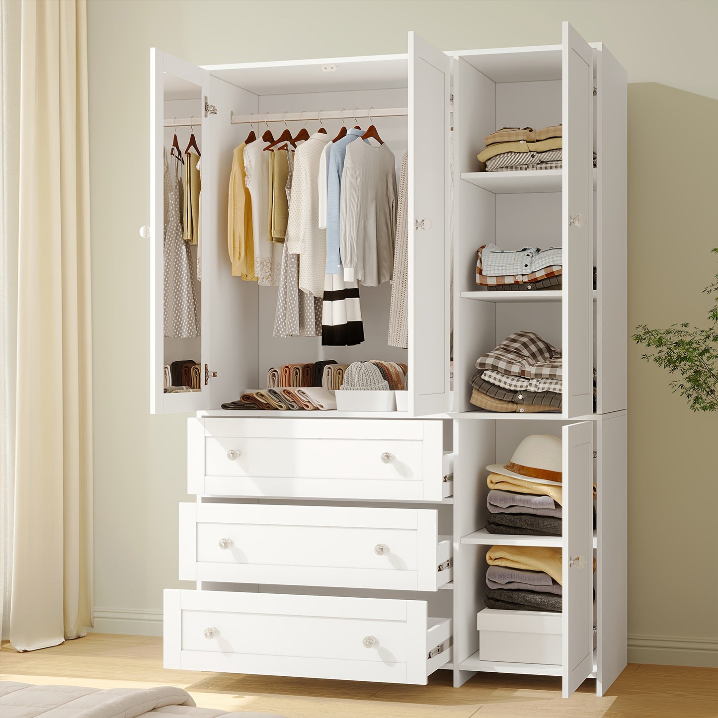 47"/63" Large Modern Armoire Wardrobe Closet with Mirror Door, Hanging Rod, Drawers & Shelves - -Standing Dresser Suitable for Bedroom, Assembly, Wood & MDF