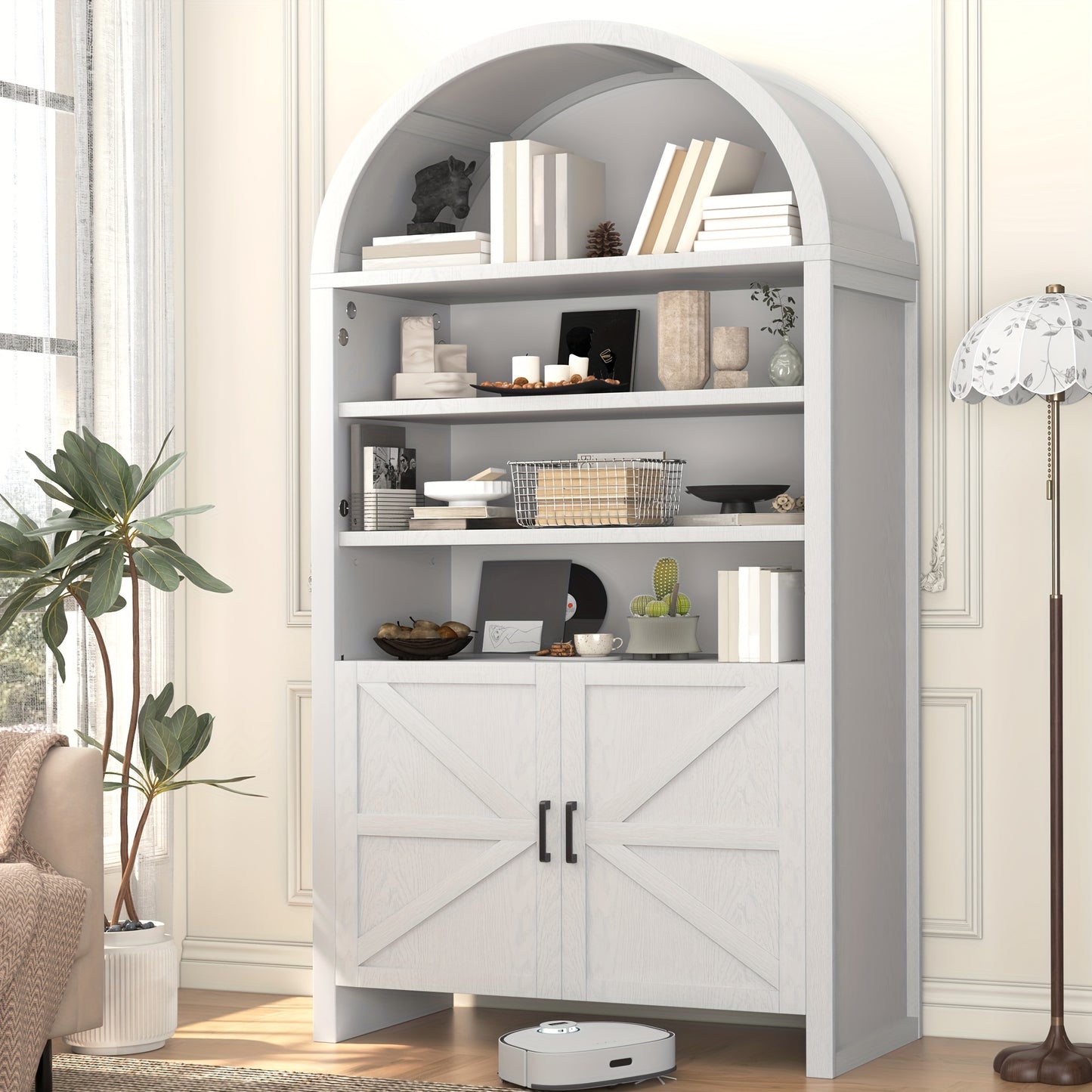 71-Inch Curved Bookshelves, a Tall Wooden Bookcase Featuring a Lower Cabinet, a Contemporary Pantry Storage Unit Suitable for The Kitchen, Living Room, Or Office