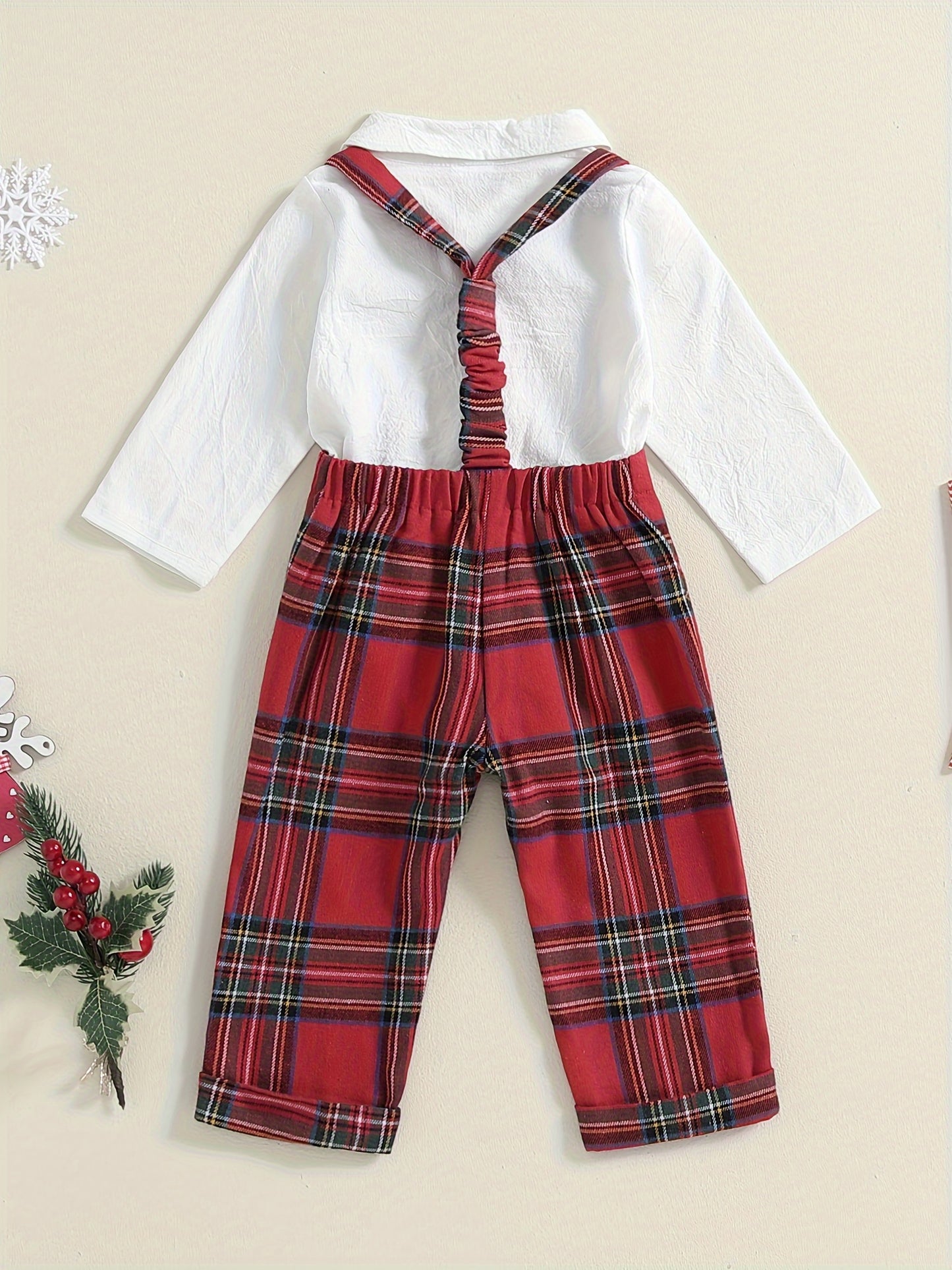 Baby Boy Gentleman Outfit Solid Long Sleeve Lapel Neck Romper with Plaid Suspender Pants and Bow Tie 3pcs Set, for Outdoor