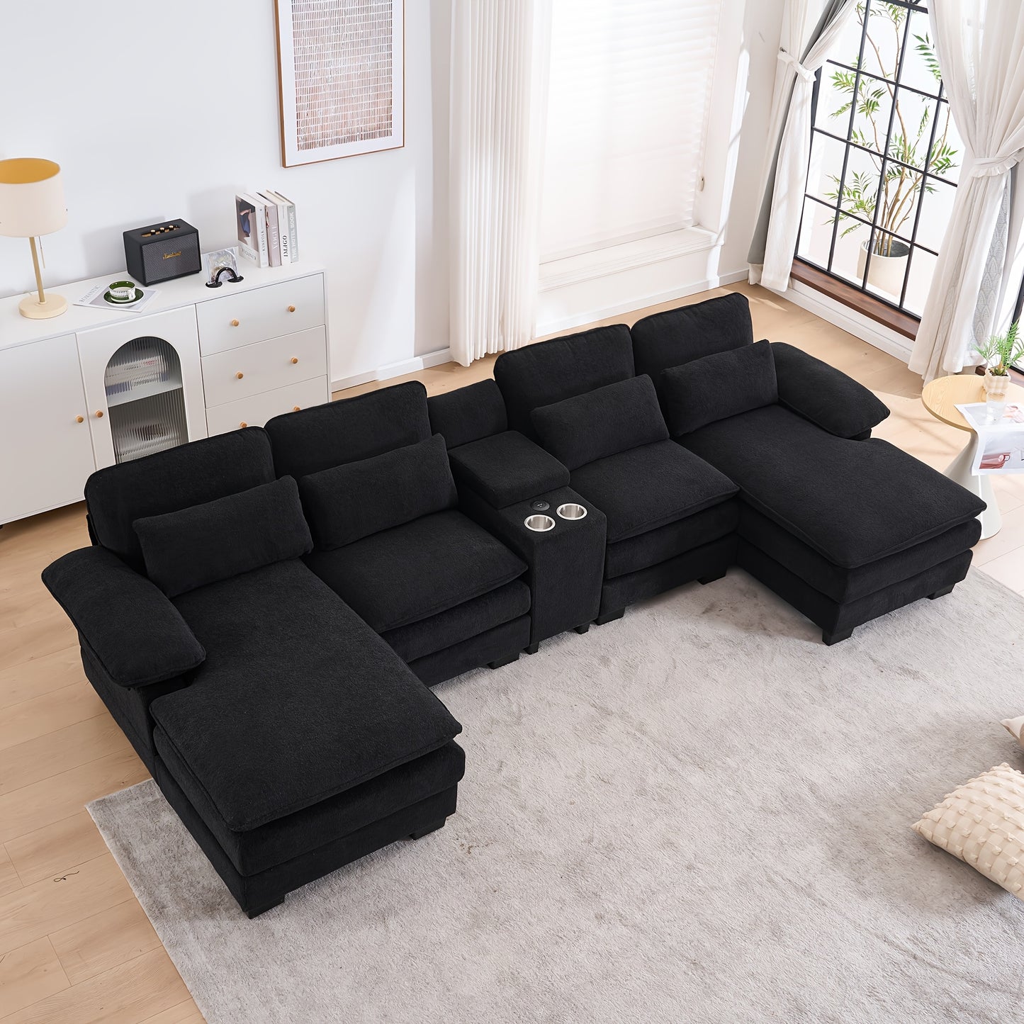 Living Room Comfort Combo Sofa, U-Shaped Cloud Sofa Combination Sofa, Modern Corduroy Modular Sofa with Recliner, Console Cup Holder