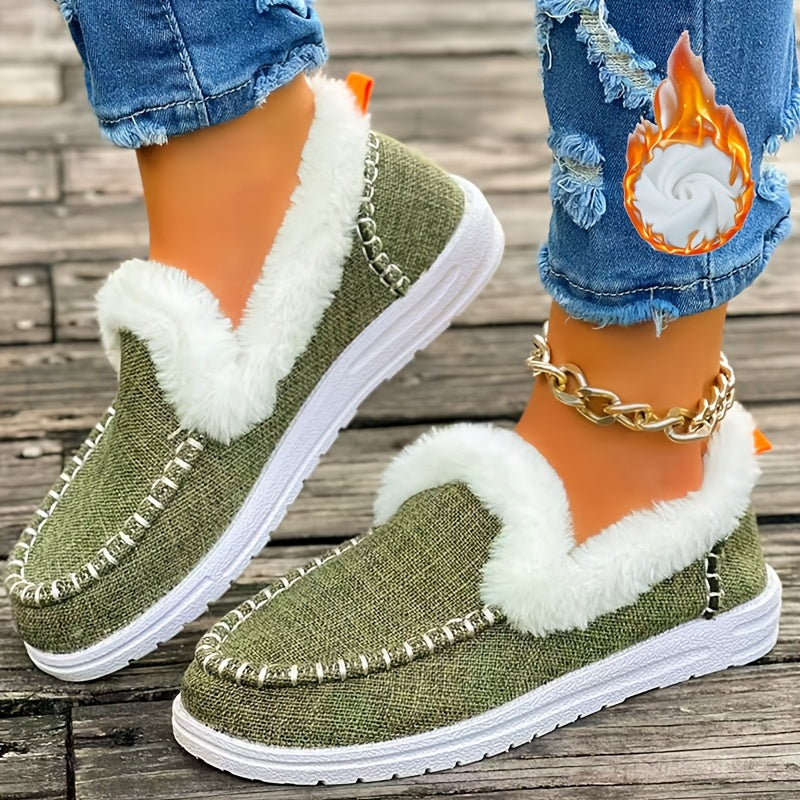 Women's Winter Slip-On Loafers with Faux Fir  Denim Blue EVA Sole, Indoor/Outdoor Winter Footwear