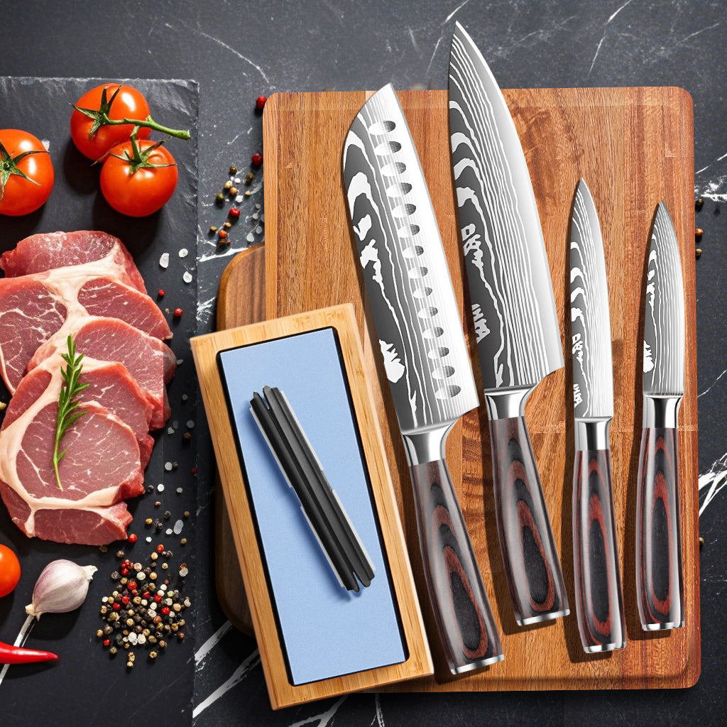 5pcs Professional Chef Knife Set with Sharpener - Heavy-Duty High Carbon Stainless Steel Style Kitchen Knives (Chef's Knife, Santoku Knife, Utility Knife, Paring Knife) - Complete Kit for & Professional Cooks