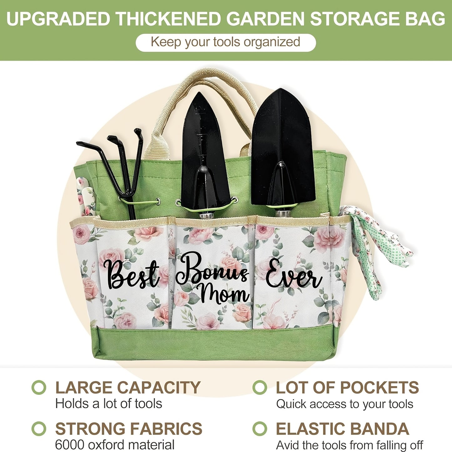 Bonus Mom Gifts: All-Season Gardening Set with Durable Metal Tools & Organizer Tote - Floral Gardening Tools Suitable for Women, Plant Lover Birthday/Christmas Present from Bonus Daughter, Gardening Enthusiast Gift