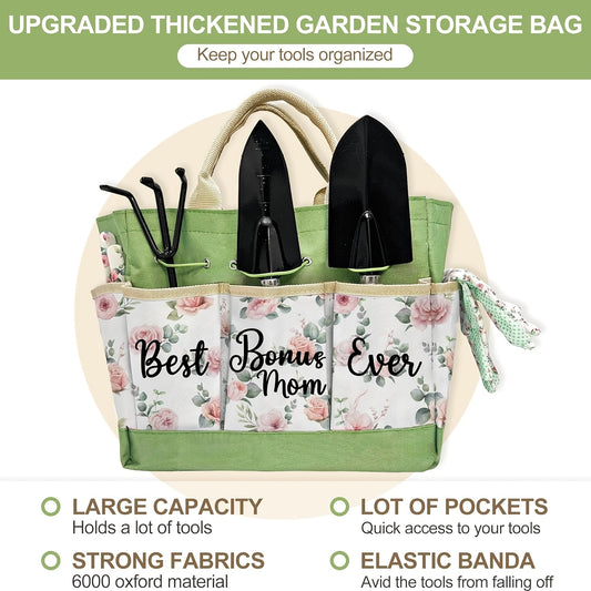 Bonus Mom Gifts: All-Season Gardening Set with Durable Metal Tools & Organizer Tote - Floral Gardening Tools Suitable for Women, Plant Lover Birthday/Christmas Present from Bonus Daughter, Gardening Enthusiast Gift