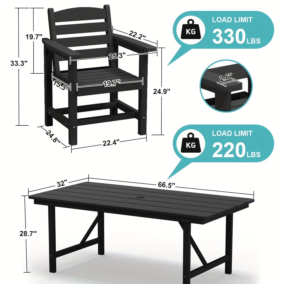 Outdoor HDPE Dining Set, 7pcs Outdoor Furniture with Large Table& 6 Chairs, All-Weather Patio Dining Set for Lawn, Garden, Backyard, Poolside