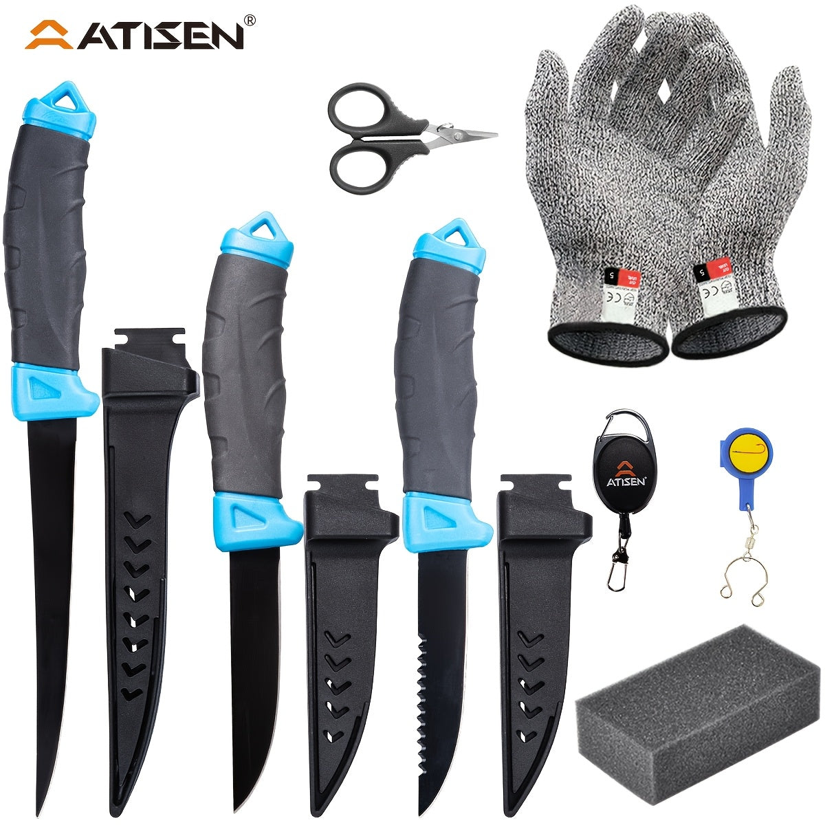 ATISEN 8pcs Fish Horn Knife Set, Fishing Set, Filleting Knife, Cutting Gloves, Cleaning Sponge, Fishing Line Cutter with Stretching Cord Loss Prevention, Wilderness Survival Knife, Outdoor Camping Supplies, Suitable Gifts for