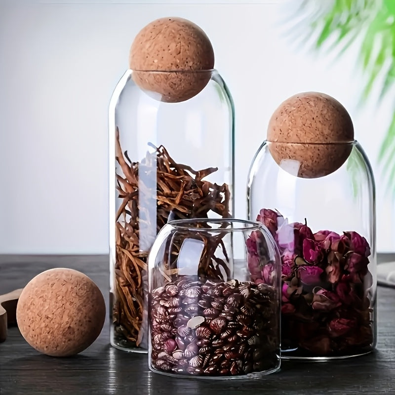 3pcs Glass Storage Container With Spherical Cork Stopper, 17 Oz/500ml Glass Jar, Perfect For Storing Tea, Flowers, Nuts, Candies, Etc. - A Must-have For Kitchen Organizing