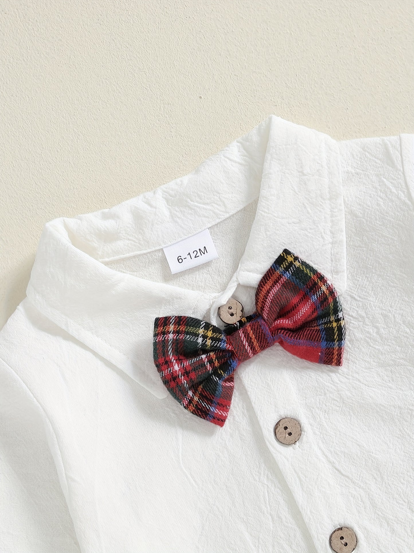 Baby Boy Gentleman Outfit Solid Long Sleeve Lapel Neck Romper with Plaid Suspender Pants and Bow Tie 3pcs Set, for Outdoor