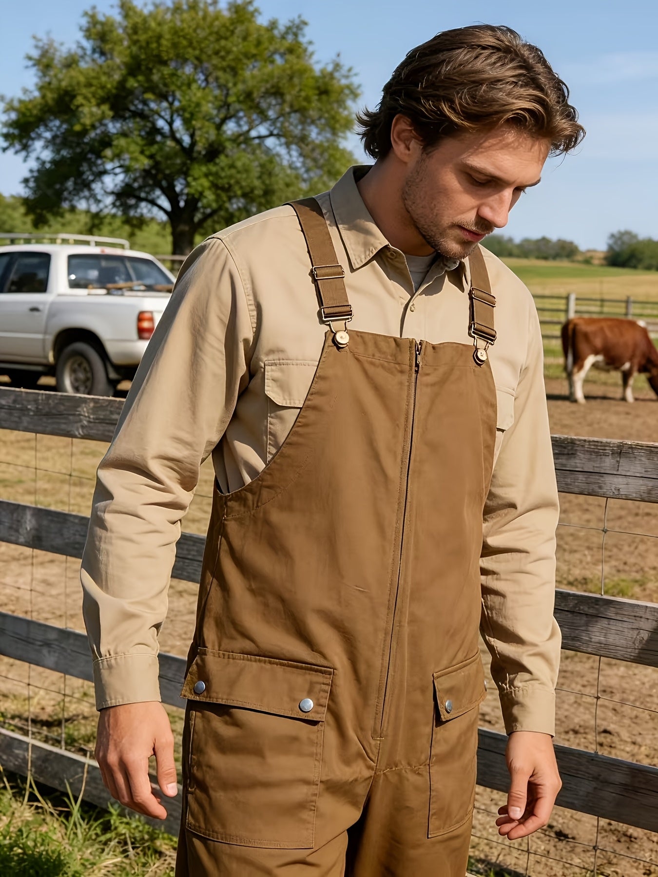 European And American Retro Men's Jumpsuits, New Loose And Casual Bib Pants for Spring And Autumn, Adjustable Shoulder Straps, Long Front, Work Pants Loved By Farmers, Wear-resistant And Durable, Easily Cope with Various Jobs
