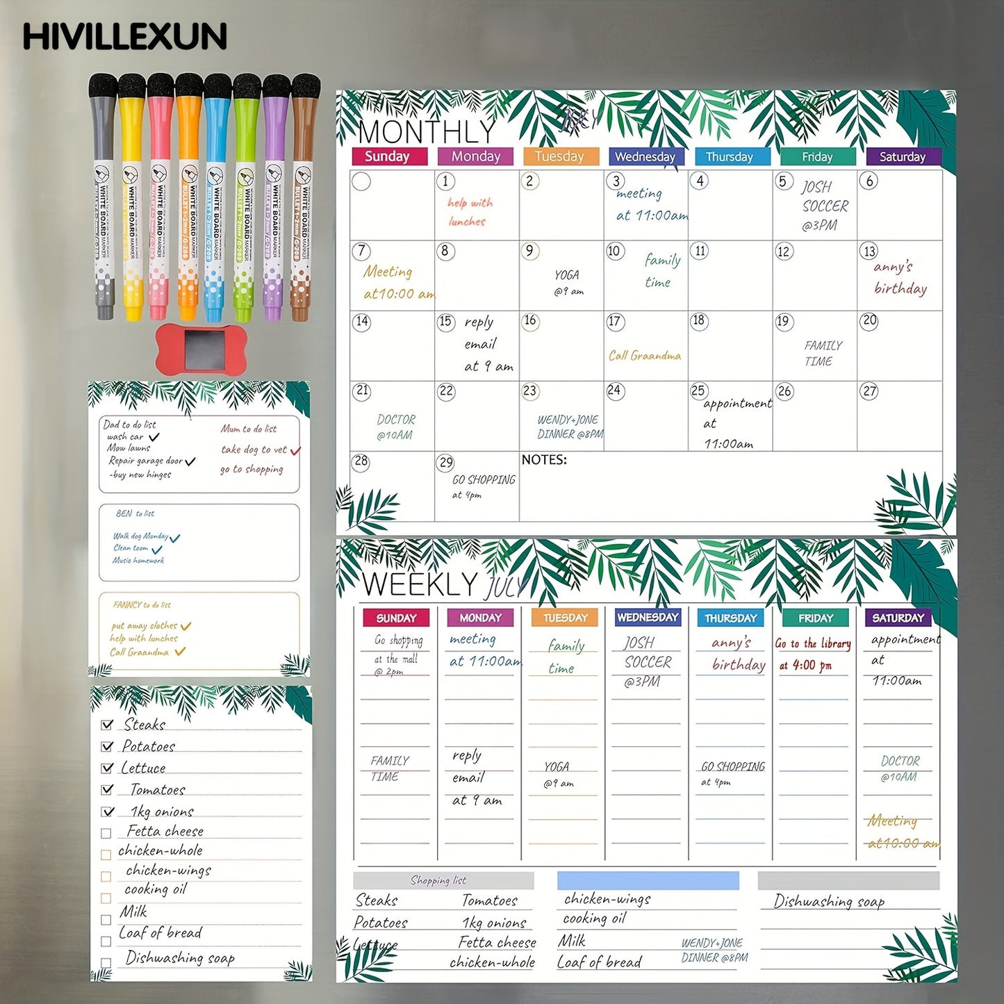 Hivillexun Dry Erase Calendar Whiteboard. Set of 4 Magnetic Calendars for Refrigerator, Monthly, Weekly Organizer & Daily Notepad. Wall & Fridge Family Calendar. 8 Markers 1 Eraser
