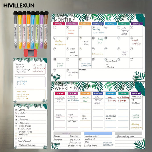 Hivillexun Dry Erase Calendar Whiteboard. Set of 4 Magnetic Calendars for Refrigerator, Monthly, Weekly Organizer & Daily Notepad. Wall & Fridge Family Calendar. 8 Markers 1 Eraser
