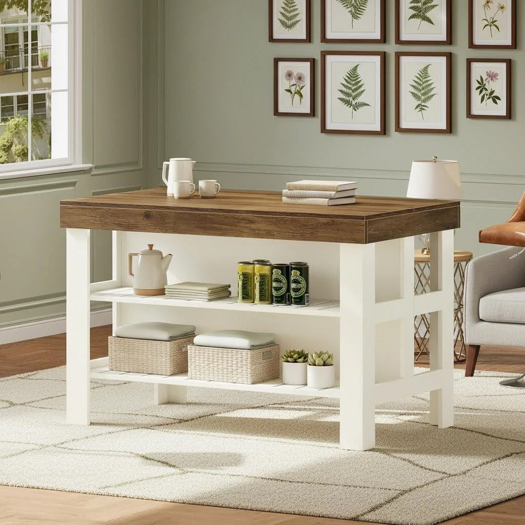 Modern Farmhouse Kitchen Island with Seating & Breakfast Counter - 55.1-Inch & Engineered Wood Island Table Suitable for Kitchen Dining Room, Open Shelving, Counter-Height Table, Space-Saving
