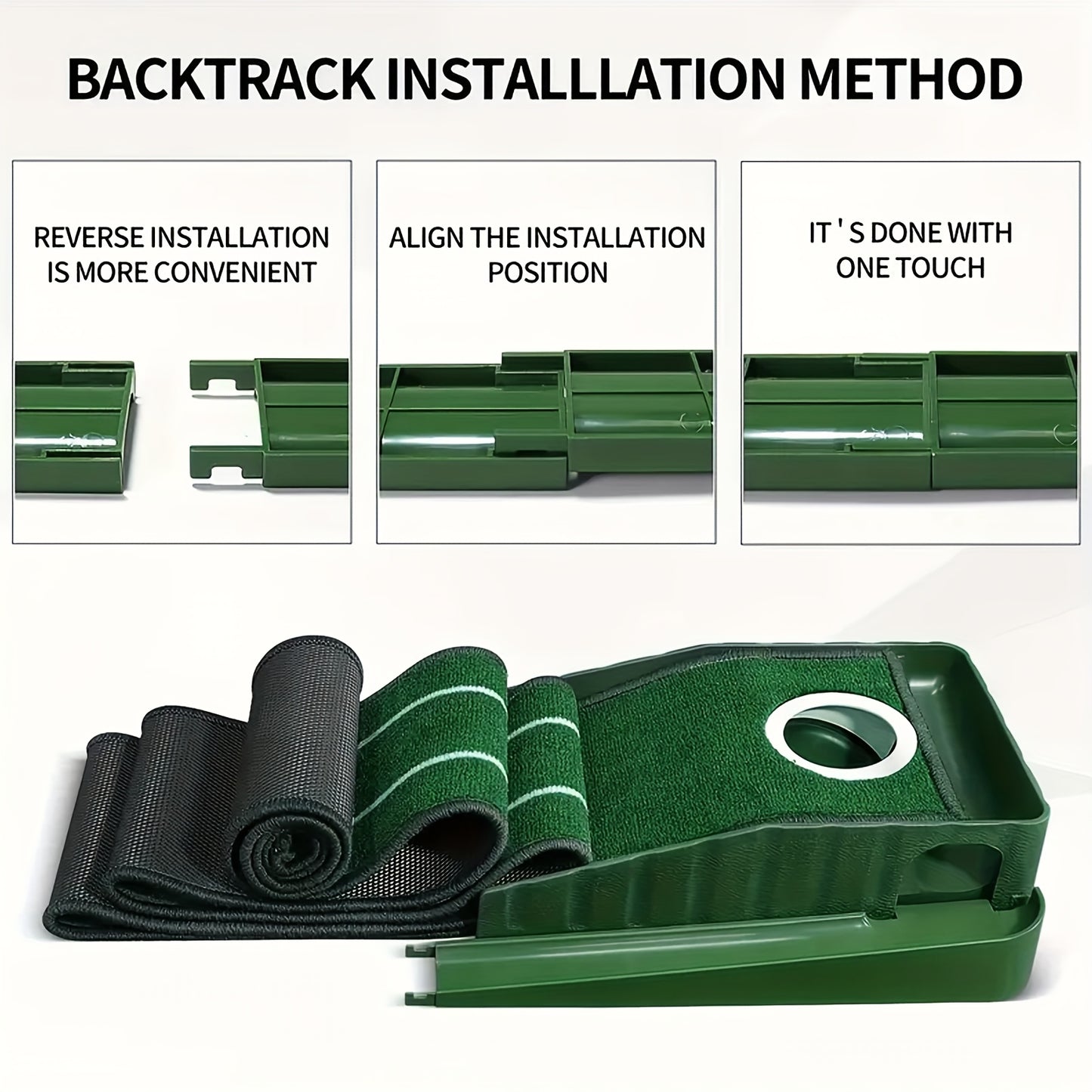 Golf Accelerator - A Sturdy Indoor Putting Mat Featuring Automatic Retrieval And a Post-Hole Collection System. Ideal for Practicing at for home Or Outdoors, It Enhances Putting Skills And Is Perfect for Both Golf Lovers And