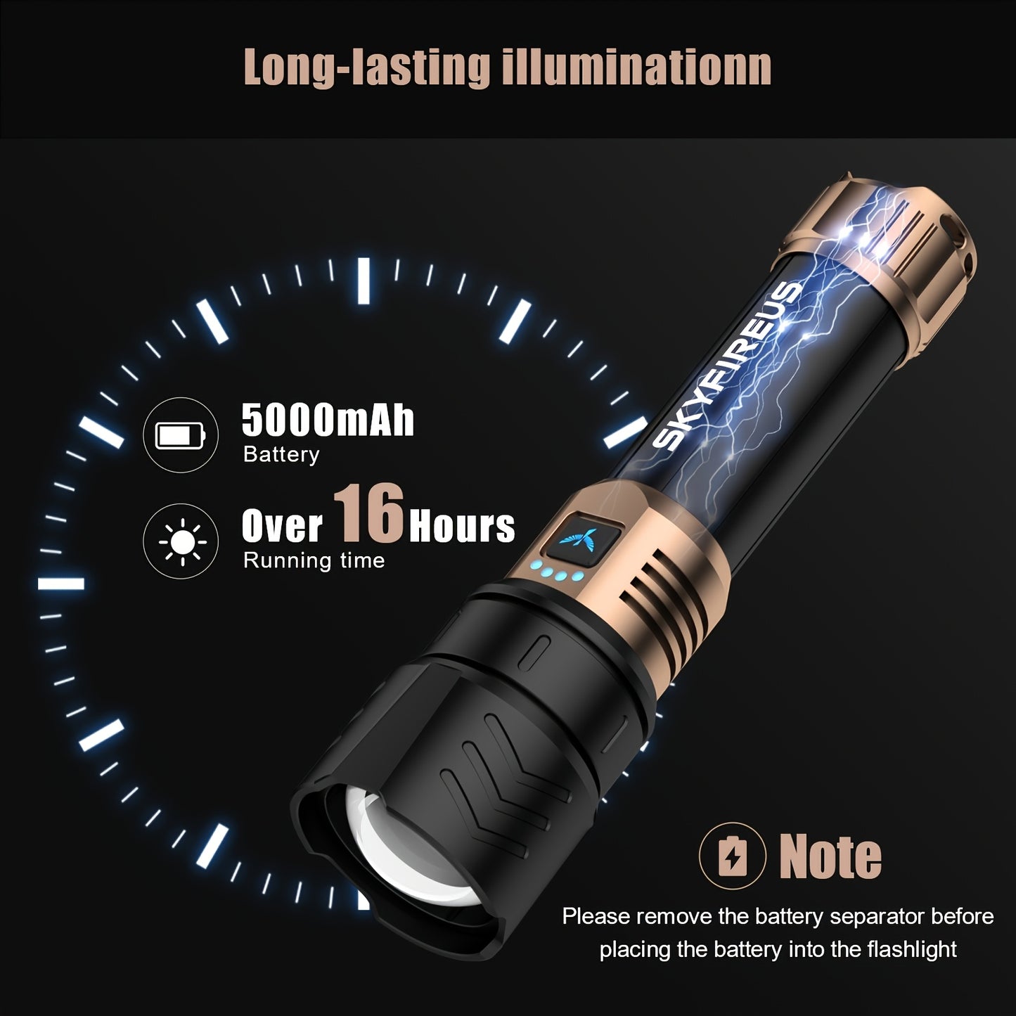 SKYFIRE LED Flashlight High Lumen, Super Bright Rechargeable Flashlight, with Ignition Lens, Adjustable Focus, Four Modes, Suitable for Camping, Outdoor, Farm, Family Use
