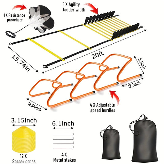 20 Feet Non-slip Agility Ladder Set + 12 Cones 4 Obstacles + Running Umbrella Basketball Soccer Training Speed Training Equipment Youth Physical Fitness Equipment Indoor And Outdoor Agility Training Hot Deal Free Storage Bag