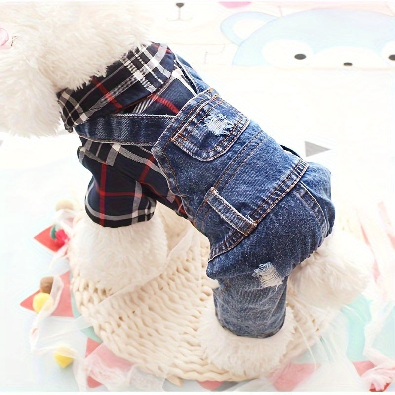 Internet Celebrity Autumn and Winter Fashion Brand Plaid Imitation Denim Pet Poodle Teddy Bear Bichon Frise  Dog Clothes