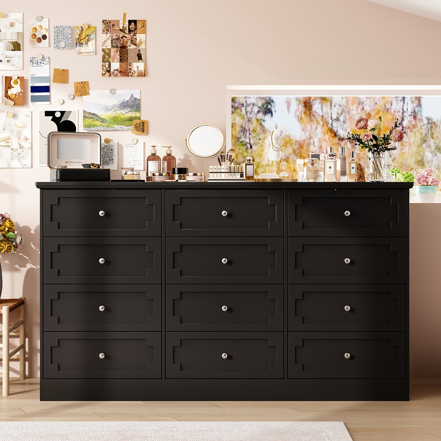 12-Drawer Double Dresser Storage Box, 61'' W Modern Wooden Chest Of Drawers with Handles, Deep Drawers, for Living Room, Bedroom, Hallway, Large Storage Space, Black
