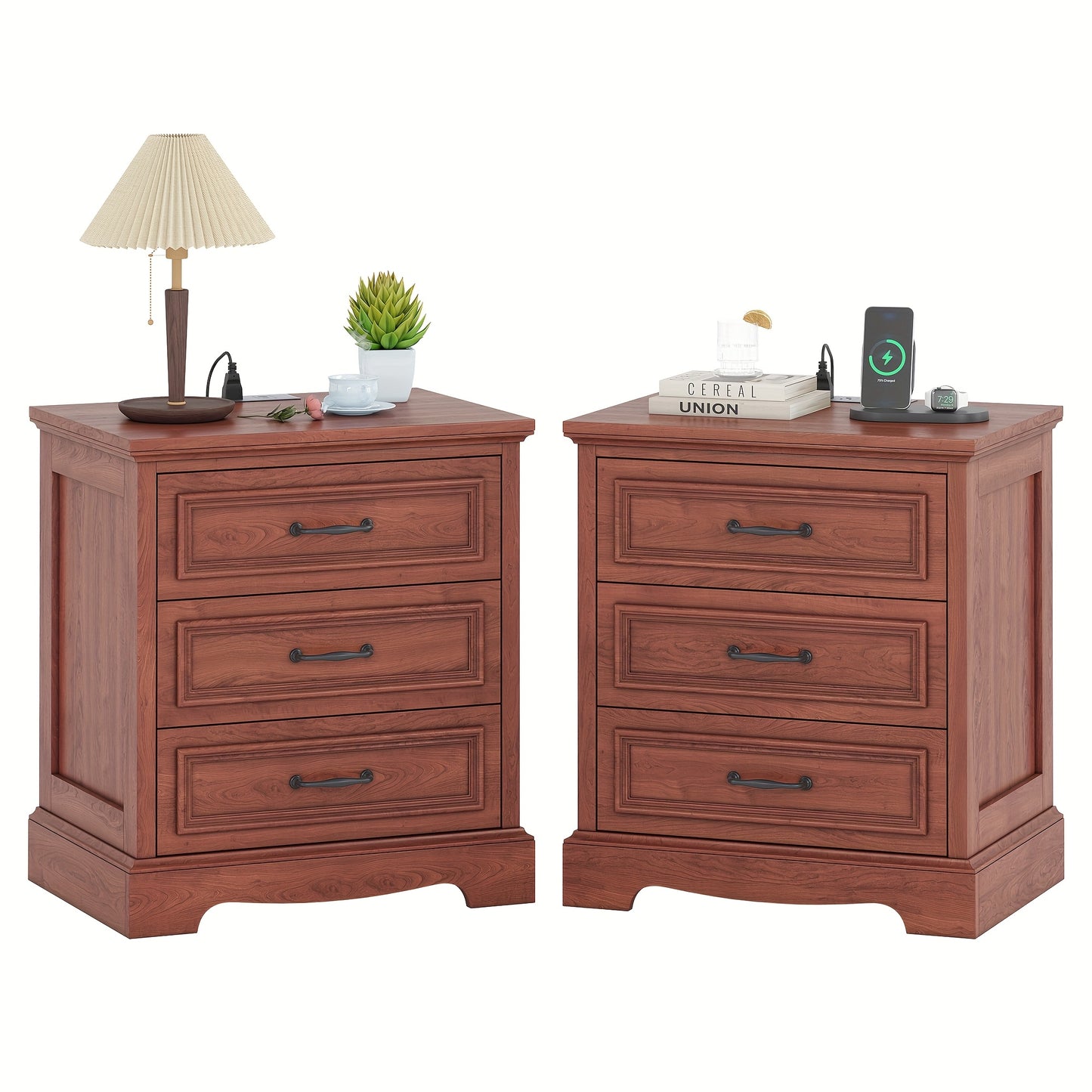 Farmhouse Nightstand Set Of 2, Wood Night Stand With 3 Drawers And Charging Station