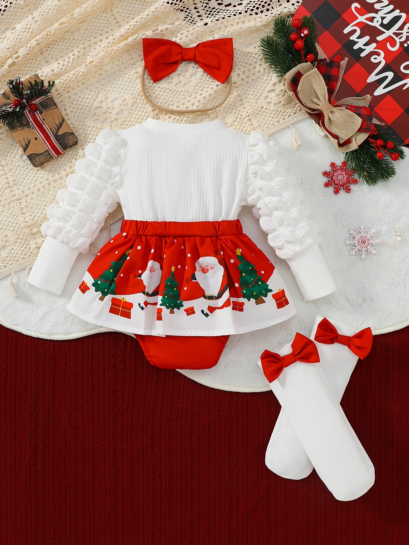 3pcs Set for Baby Girls Featuring a Christmas-Themed Long-Sleeve Romper Dress with a Round Neck, Lantern Sleeves, And Santa Claus Print, Along with a Headscarf And Socks, for Outdoor