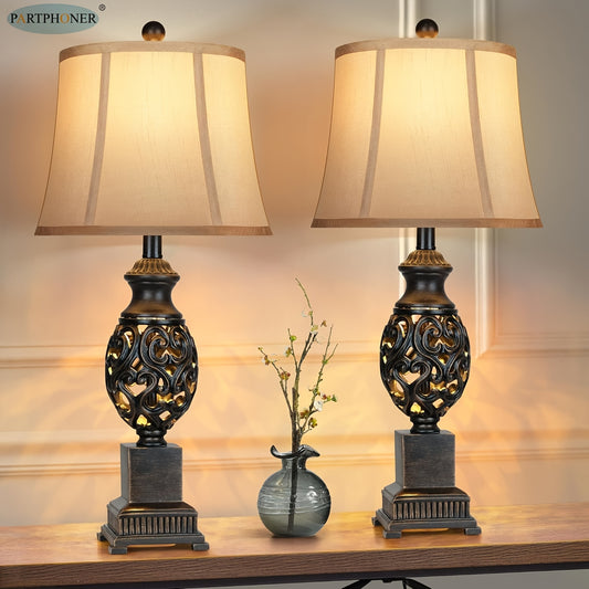 PARTPHONER Table Lamps Set Of 2, 28" Tall Bedside Lamp with Nightlight, Vintage Bronze Nightstand Lamps with Faux Silk Shades for Living Room Bedroom End Table, Suitable for Business, Bookstores