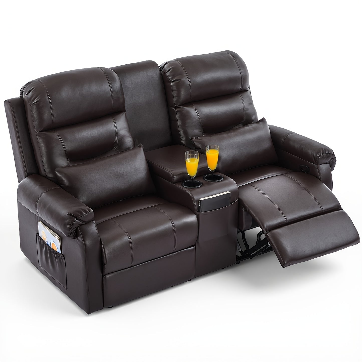 Manual RV Loveseat Recliner | Brown Velvet Cushion-back Sofa with Console, Cup Holders, Pockets for Living Room and Home Theater Seating, Metal Frame, Contemporary Style by VUYUYU