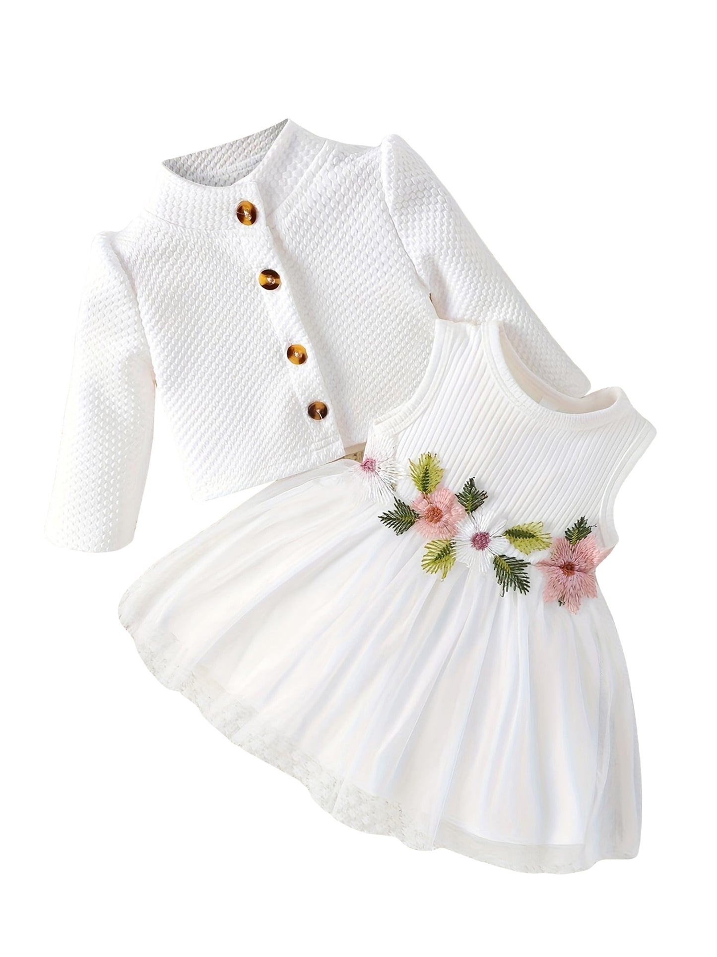 Baby Girl Fall Outfit, Long Sleeve Cardigan Coat Flower Embroidery Tulle Tank Dress 2pcs Set, for Outdoor