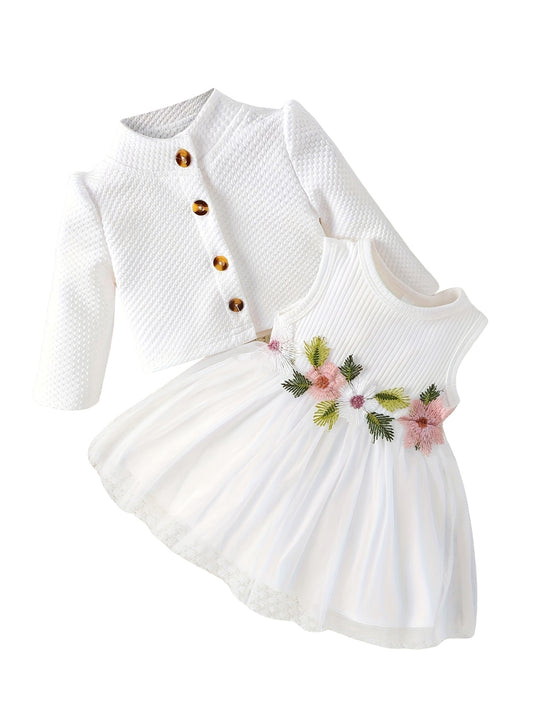 Baby Girl Fall Outfit, Long Sleeve Cardigan Coat Flower Embroidery Tulle Tank Dress 2pcs Set, for Outdoor
