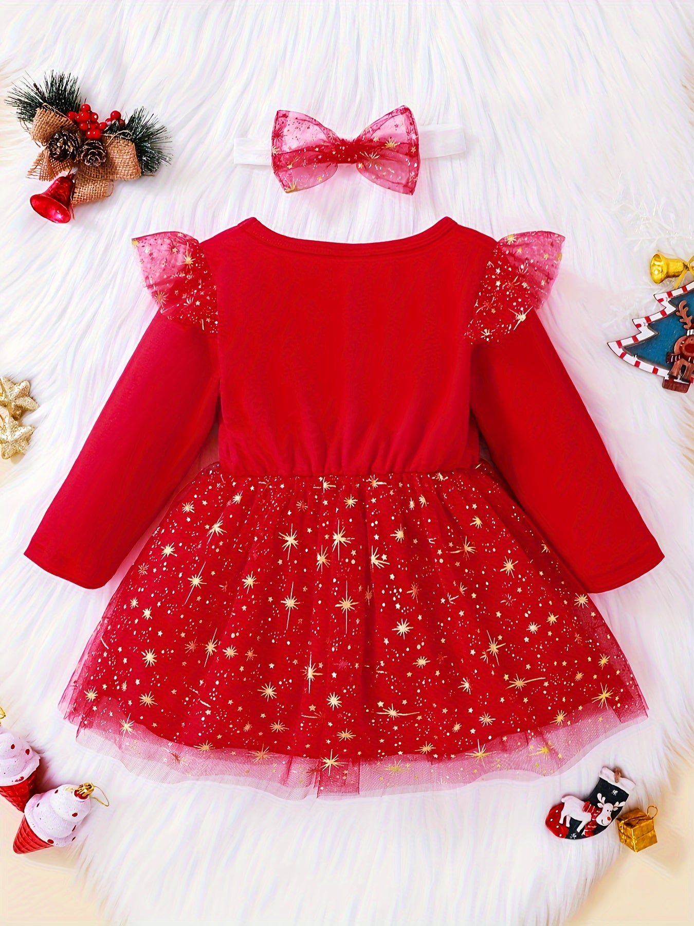 Toddler Girls' Sparkly Red Christmas Dress with Tulle Tutu Skirt & Headband - Long Sleeve Ruffled Sleeves, Merry Christmas Lettering & Star/Flower Embellishments, Knee-Length Flared Umbrella Skirt for Holiday Parties & Photo