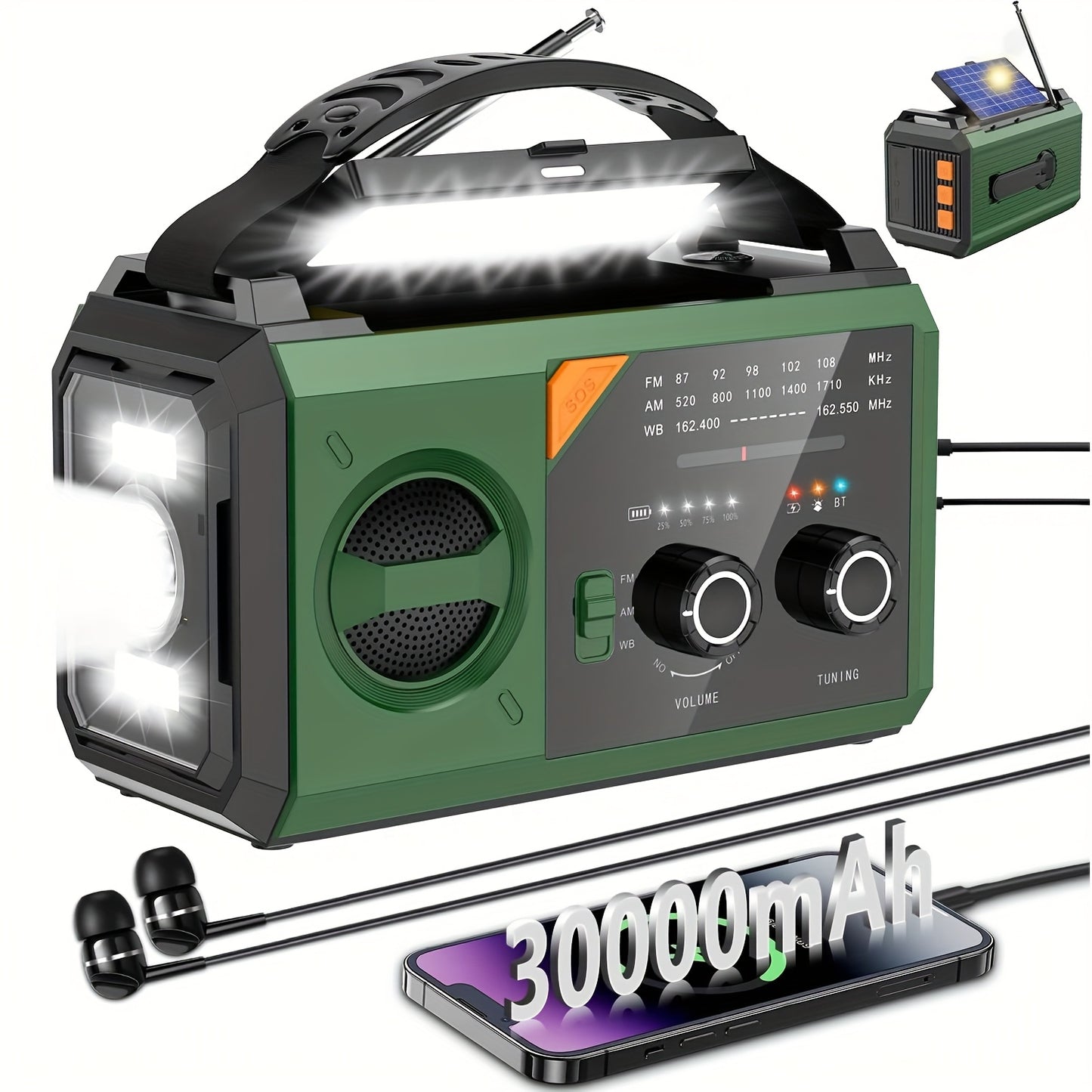 30000mAh Emergency Weather Radio with Hand Crank - NOAA Weather Alert Radio,  SOS, Power Bank 2 Solar Panels