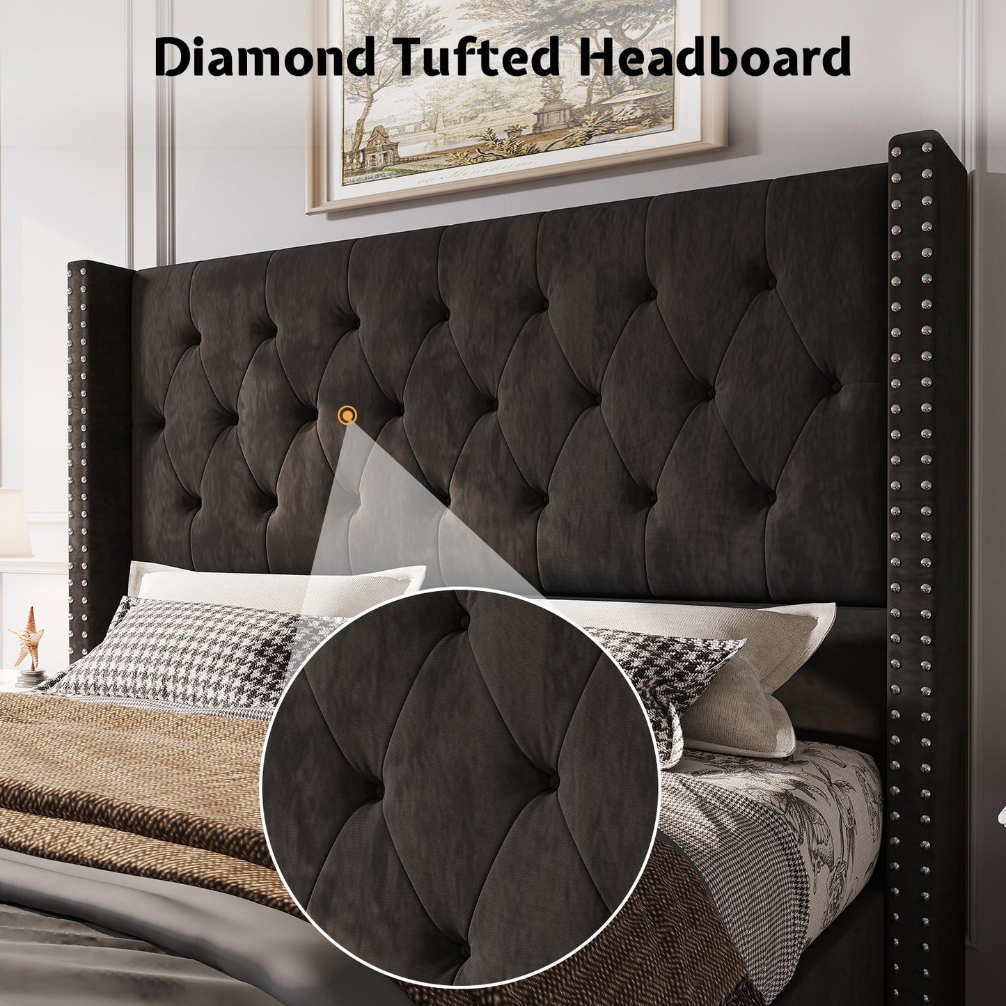 ALBOTT Modern Luxury Queen/King Size Upholstered Platform Bed Frame with 50" Tall Wingback Headboard - Dark Brown/Black Velvet, Button Tufted & Nailhead Trim, Sturdy, No Box Spring, Easy Assembly (Queen/King
